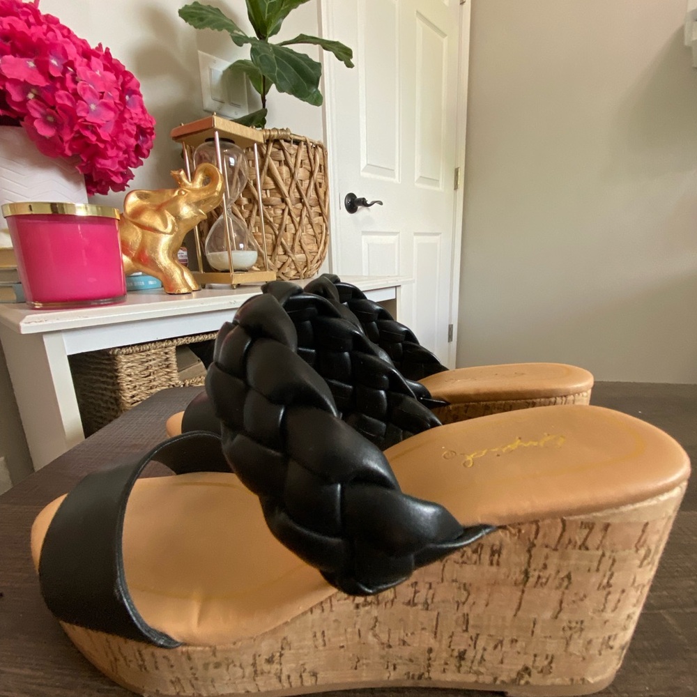 Qupid Black Braided Wedges with Cork Platform Size 6